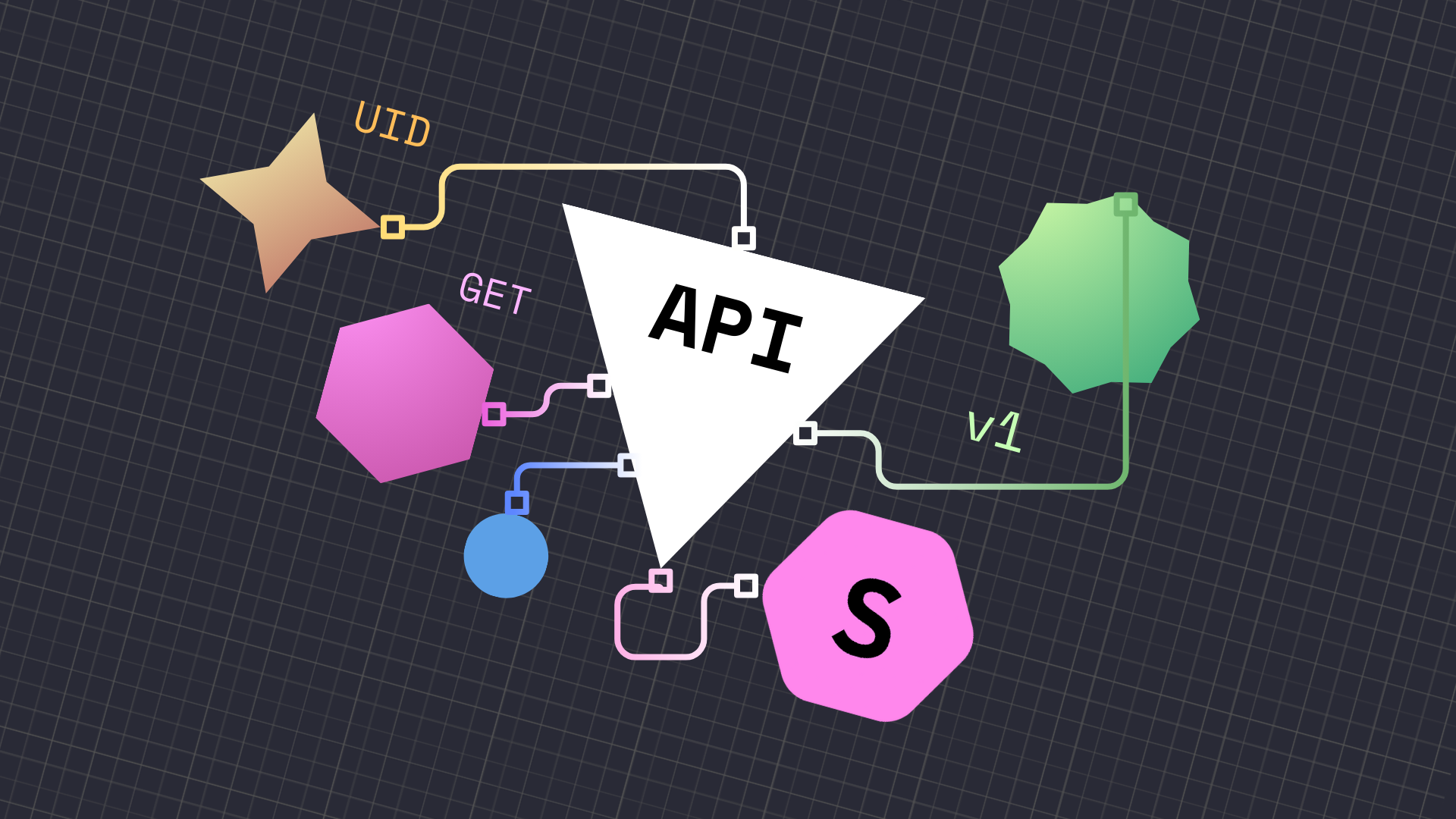 A banner showing an upside down white triangle with black API text in the middle, some lines from various sections of the triangle being extended and connected to various other shapes, such as the Sapphire logo, a blue circle, a pink hexagon, a yellow star and a green octogon, on a dark gray grid background all laid out at a 15 degree angle towards the left.