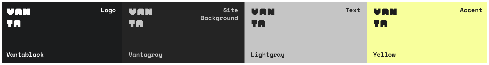 An image showing the 4 main colors used by the brand - vantablack, vantagray, light gray and yellow