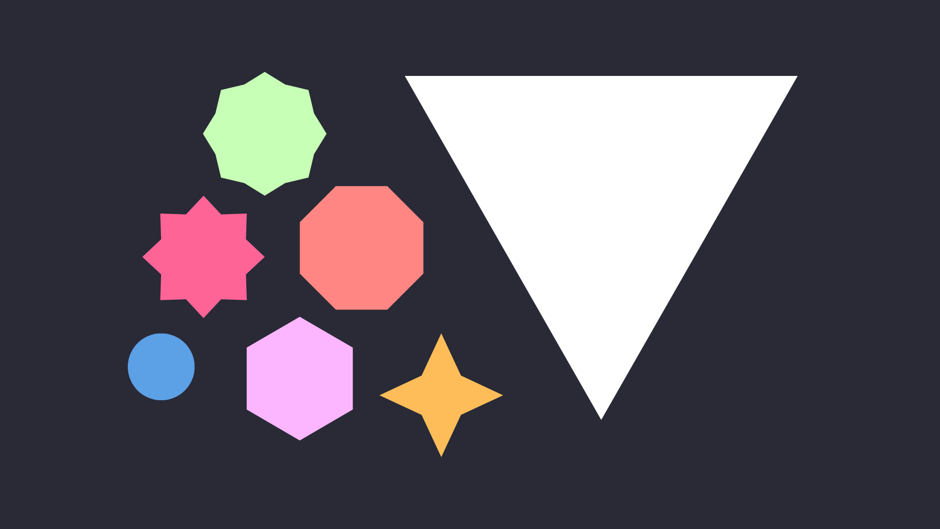 An image showing various shapes that are used in some way, on the website. The shapes are an upside triangle, a circle, a 4-pointed star, an 8-pointed star, a hexagon, an octagon, and an inflated 8-pointed star