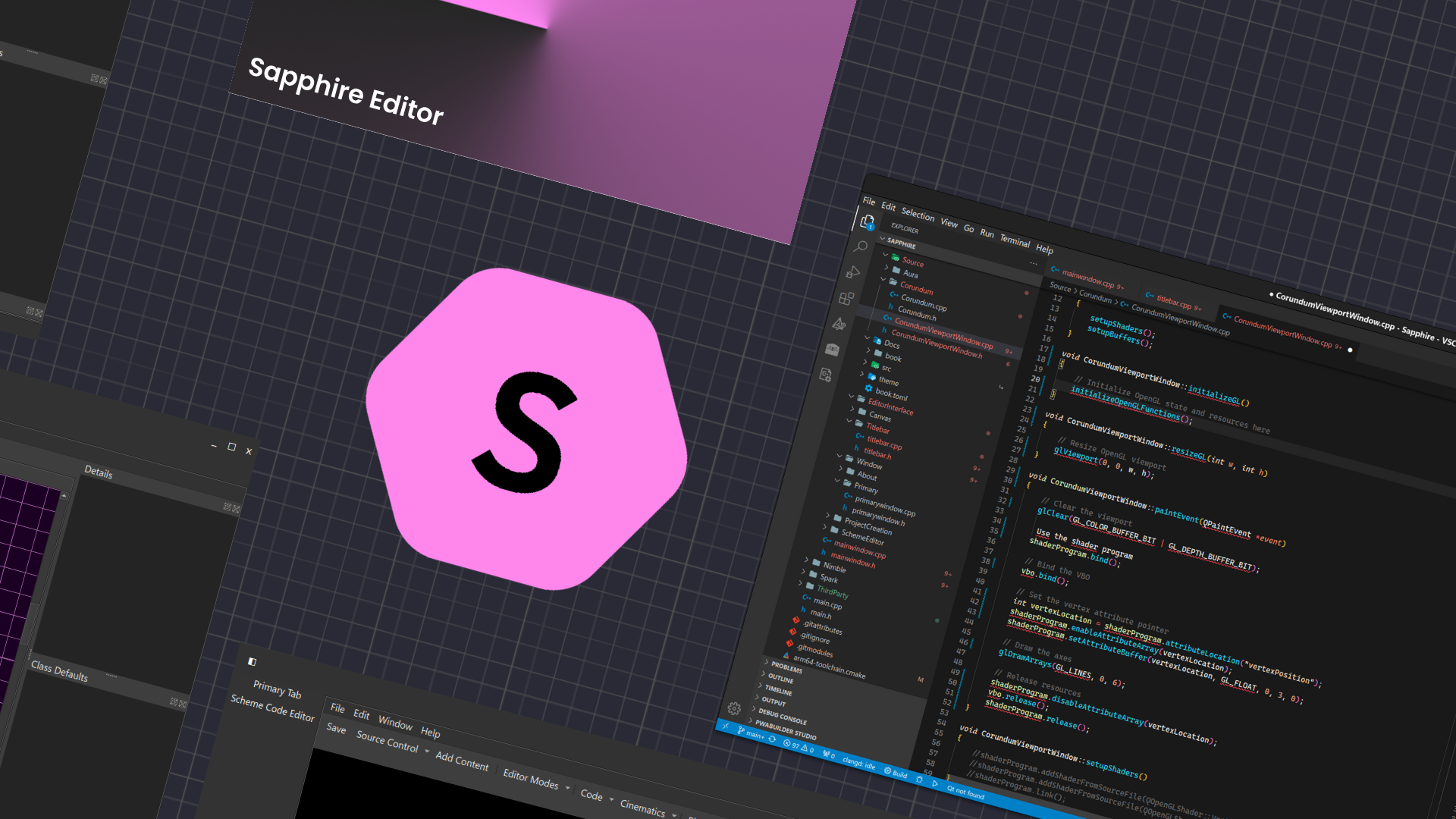 A banner showing the Sapphire engine logo, which is a pink hexagon with rounded corners, thick black borders and a big black letter S in the middle, and some screenshots of the engine, on a dark gray grid background all laid out at a 15 degree angle towards the left.